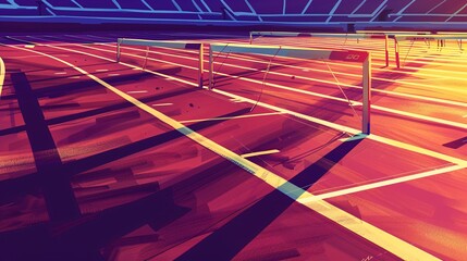 Aufkleber - Geometric illustration of a track and field with streamlined equipment like hurdles and javelins, using bright red and purple hues Stock Photo with copy space
