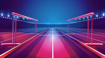 Aufkleber - Geometric illustration of a track and field with streamlined equipment like hurdles and javelins, using bright red and purple hues Stock Photo with copy space