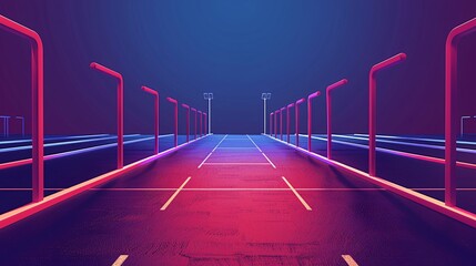 Aufkleber - Geometric illustration of a track and field with streamlined equipment like hurdles and javelins, using bright red and purple hues Stock Photo with copy space
