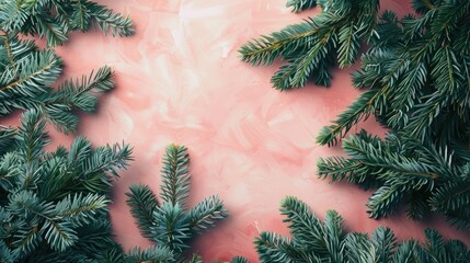 Wall Mural - Colorful background with green fir tree branches from top view for New Year celebration concept