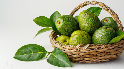 Wall Mural - fresh ripe avocados and leaves on basket on white background.