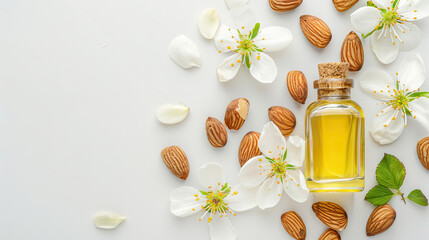 Wall Mural - top view Bottle of almond oil, fresh nuts and beautiful white flower on plain background with copy space