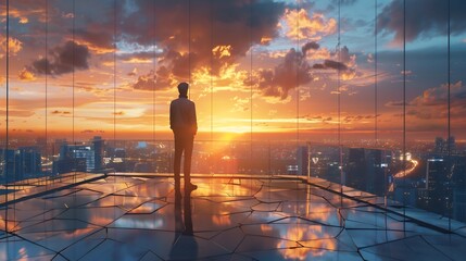 Wall Mural - Silhouette of a Man Against the Sunset Cityscape