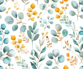 Watercolor Floral Seamless Pattern with Yellow and Blue Leaves