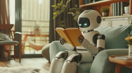 Poster - Humanoid robot reading a book on a sofa in a cozy living room. Advanced AI enjoying leisure time in a home setting.