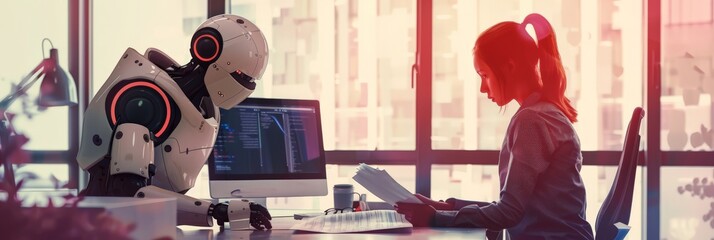 Poster - Robot and young woman collaborating at a modern desk with city views. Futuristic workplace with AI integration.