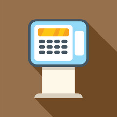 Poster - Blue public phone standing on a street with electronic display showing incoming call on brown background