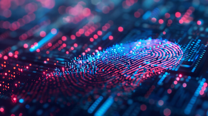 Poster - Biometrics identity verification symbolized by a singular stylized fingerprint against a seamless digital background ar 169