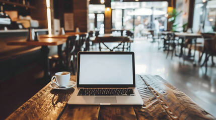 Poster - Blank laptop screen on a wooden table in a cozy coffee shop