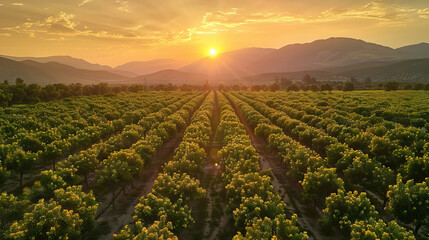 Wall Mural - Almond orchards, between rows, in the spring. Almond trees.