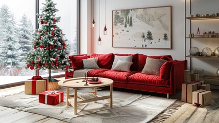 Canvas Print - Scandinavian living room with red sofa and Christmas tree with gifts