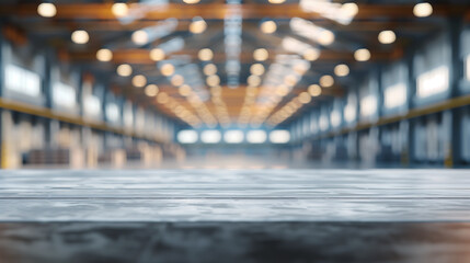 Poster - Blurred industrial warehouse background with bokeh lights and an empty table surface, ideal for product display or industrial themes.