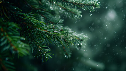 Poster - Close-up of pine needles covered in dew on a dark, misty morning, capturing the serene and tranquil beauty of nature in early hours.
