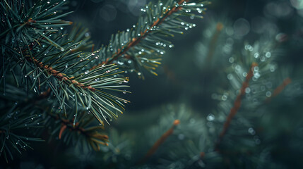 Poster - Close-up of pine needles with dew drops in a dark, moody forest setting, capturing the serene and tranquil beauty of nature.