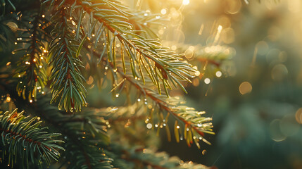 Poster - Close-up of pine tree branches with dew drops in early morning light, creating a serene and tranquil nature scene.