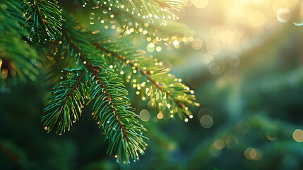 Poster - Close-up of pine tree branches with dew drops in early morning light, creating a serene and tranquil nature scene.