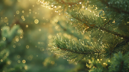 Poster - Close-up of pine tree branches with dew drops in early morning light, creating a serene and tranquil nature scene.