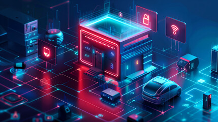 Poster - IoT security fortress, connected devices under shield, safe smart home and digital defense
