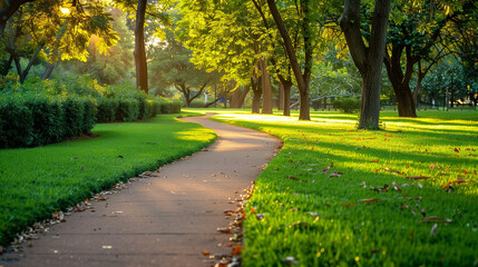 walking pathway in green park relaxing landscape wallpaper, background 