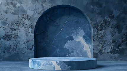 Poster - Minimal blue circle podium rough surface rock geometric stone shape background, mockup for podium display or showcase