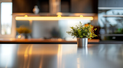 Modern kitchen interior with a sleek, clean stainless steel countertop and blurred background, perfect for culinary and home decor themes.