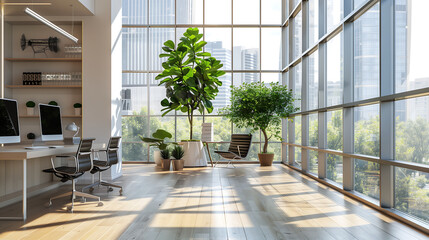 Modern office interior with large windows and natural light, showcasing a potted plant for a fresh and airy ambiance.