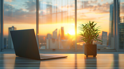 Aufkleber - Modern workplace with laptop computer, coffee cup and office supplies