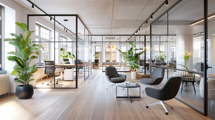Poster - Modern open-plan office space with glass partitions, natural light, and minimalist decor. Ideal for business, productivity, and corporate settings.