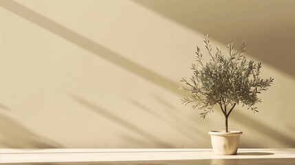 Wall Mural - modern summer minimal of olive tree on table in sunlight with long shadows on beige wall background,
