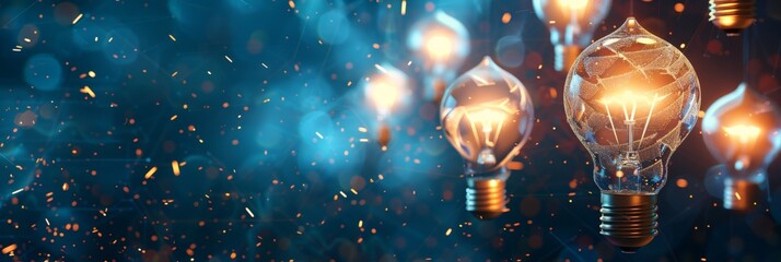 Poster - Glowing light bulbs in a row representing continuous flow of ideas and creativity. Ideal for innovation, inspiration, and technological concepts.