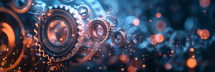 Poster - Close-up of interconnected mechanical gears in a blue light. Industrial engineering and machinery concept.