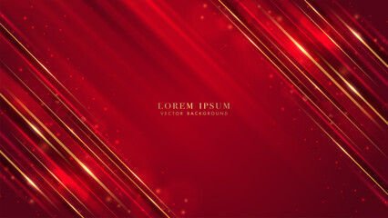 Wall Mural - Golden diagonal stripes, glowing light effects, and shiny dot decoration on red luxury background
