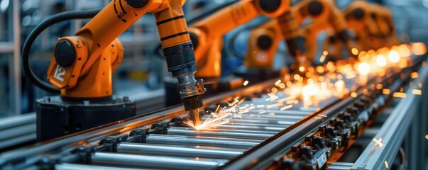 Industrial Robots with Safety Equipment Assembling Components on a Production Line, Highlighting Automated Manufacturing Processes and Advanced Technology