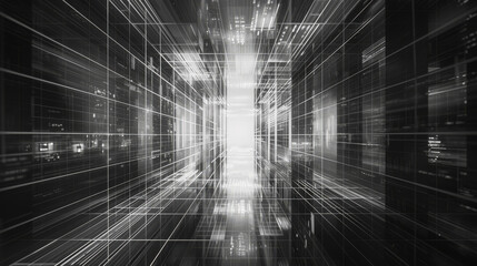 Abstract digital information flowing in a futuristic cyberspace tunnel made of binary code