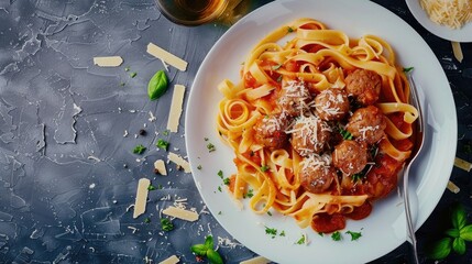 Sticker - Italian homemade pasta with meatballs cheese and tomato sauce on a white plate on a dark blue table