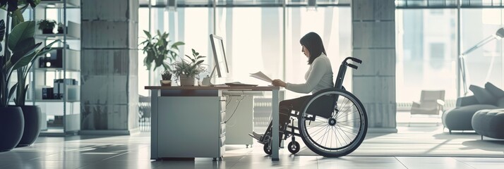 Aufkleber - Woman in a wheelchair working at a desk in a bright office space. Emphasizing professional inclusion and accessibility.