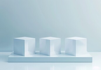 Modern 3D Rendering illustration of 3 sleek white glass cube podiums on light blue backdrop. 3D Rendering Mock up