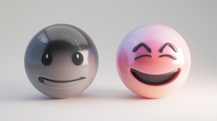 A pair of 3D emojis, one with a gradient from charcoal to grey looking sleepy, and another from pastel pink to violet flashing a cheeky grin, isolated on a white background