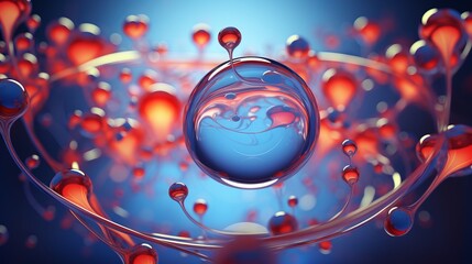 Canvas Print - Molecule inside liquid bubble, 3d illustration of molecular structure encapsulated in fluid sphere, scientific visualization of nanotechnology and biochemical processes, detailed render for educationa