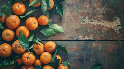 Wall Mural - Top view of ripe mandarins on wooden background with vintage filter