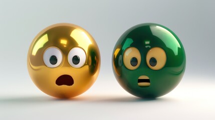 A pair of emojis, one solid gold with a look of awe, and the other forest green expressing curiosity, set against a white backdrop