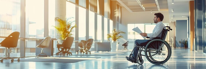 Aufkleber - Disabled man in a wheelchair reading documents in a bright, open office. Accessibility and inclusive employment.