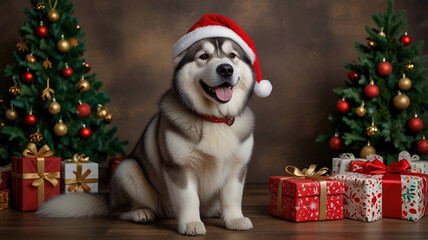 Wall Mural - Portrait of an alaskan malamute dog wearing a santa hat sitting by presents and Christmas trees