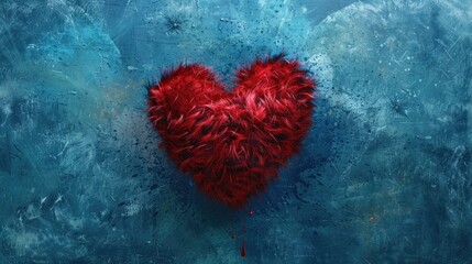 Poster - Fluffy red heart against a blue Valentine s Day backdrop symbolizing love and tenderness