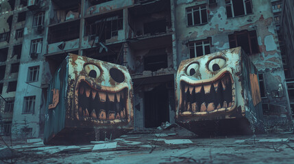 Two rusty, grinning cartoon robots in a post-apocalyptic urban setting with dilapidated buildings