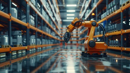 Poster - Orange robotic arm in a warehouse aisle with shelves. Advanced robotics and automation in industrial logistics.