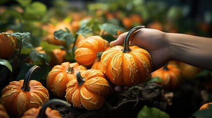 Canvas Print - A sweet pumpkin plant grows horizontally as seen from above  