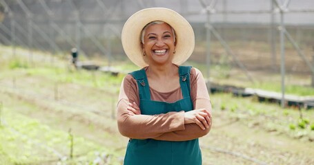 Wall Mural - Farmer, mature or face of happy woman with arms crossed or pride in agriculture farming or gardening. Nature, land or business owner with organic crops or food production in eco friendly greenhouse