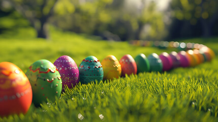 Aufkleber - Row of colorful painted easter eggs in fresh green grass background for holiday concept, happy easter, Generative Ai