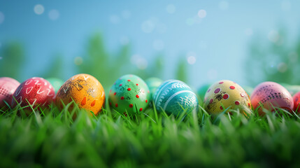 Aufkleber - Row of colorful painted easter eggs in fresh green grass background for holiday concept, happy easter, Generative Ai